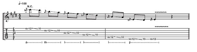 Example 3: Use the picking technique outlined in Ex2 to play this but, as Landreth points out, "Drag your fingers behind the glass to mute as well - that's a basic technique of slide. The combination of trailing fingers with fingerguarding really cleans it up."